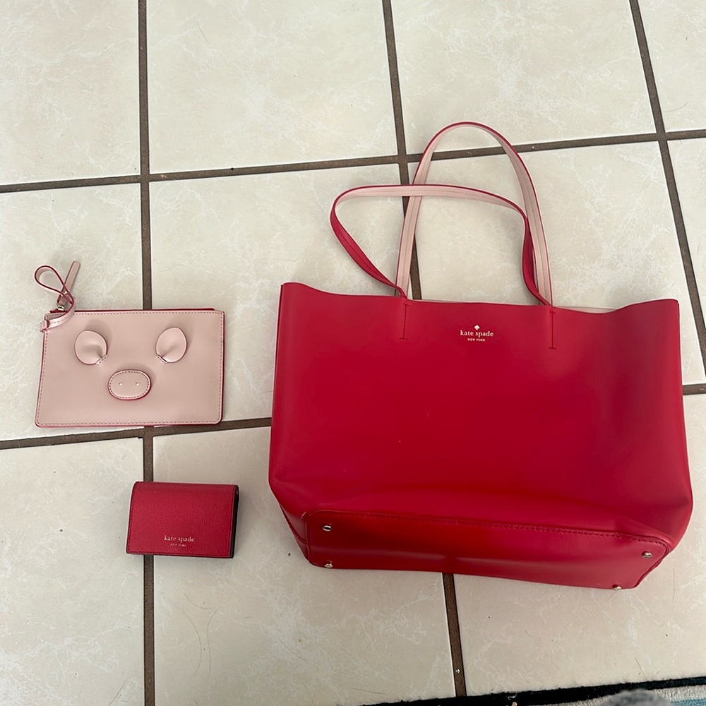 Kate Spade Red Leather Tote, Wristlet & Wallet Set